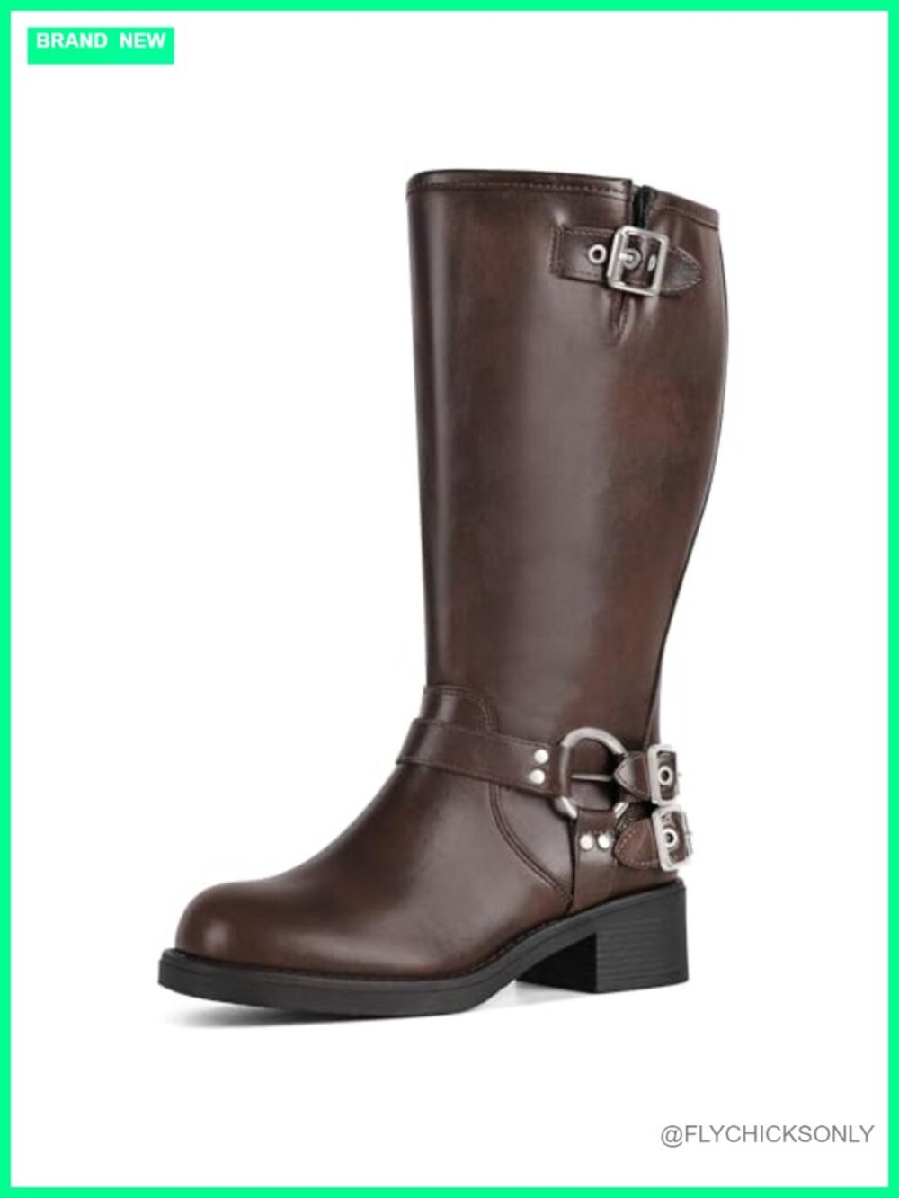 Wide Calf Knee High Moto Boots Buckle Chunky Block Heel Square Toe